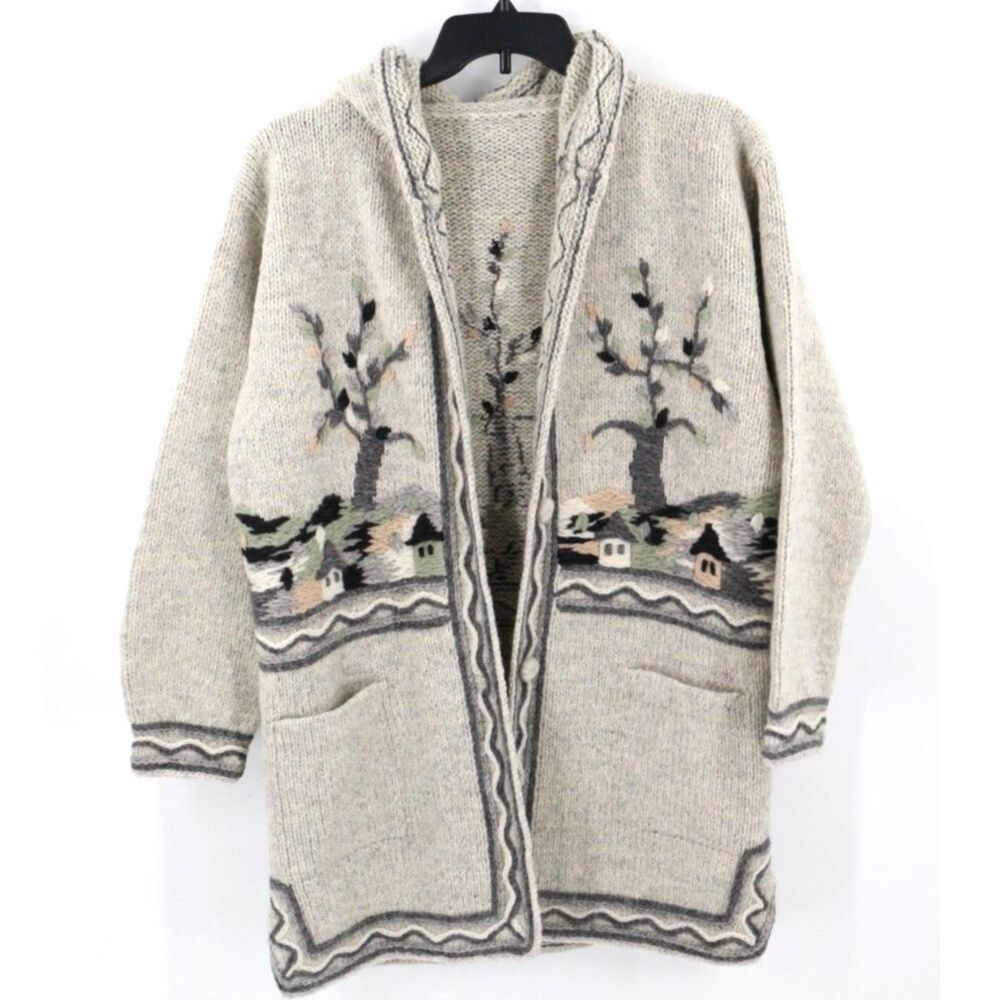 Hand Crocheted Longline Cardigan Sweater Town Trees Large Nordic Embroidered